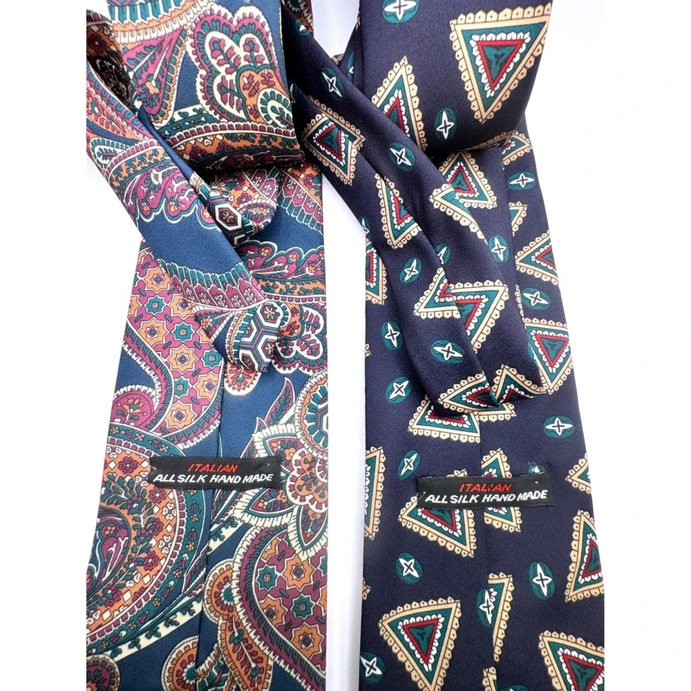 2 Italian All Silk Hand Made Neckties‎ Menswear Geometric & Paisley Pattern Ties